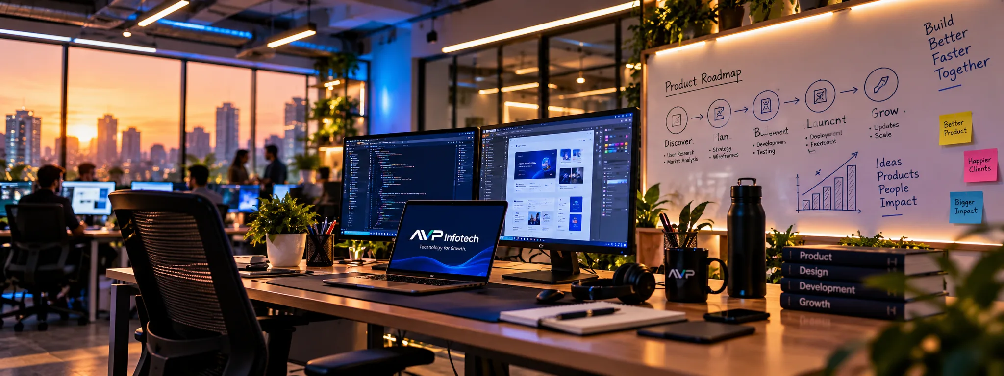 Tech workspace with standing desks, monitors showing code and a product roadmap on a whiteboard