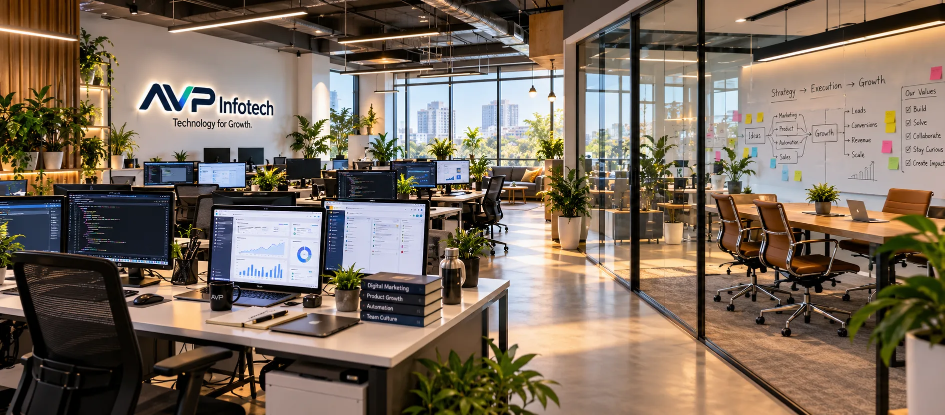 Modern tech studio with desks, monitors showing code and dashboards, and a meeting room whiteboard