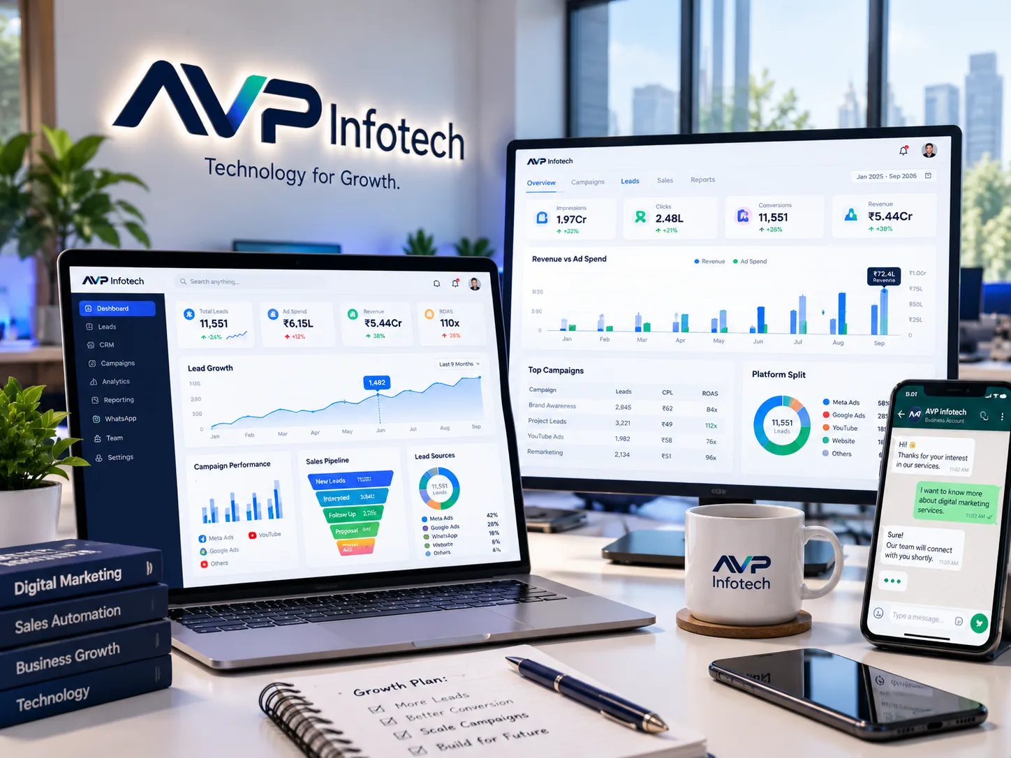 Laptop and monitor showing a marketing analytics dashboard with growth charts on a clean office desk