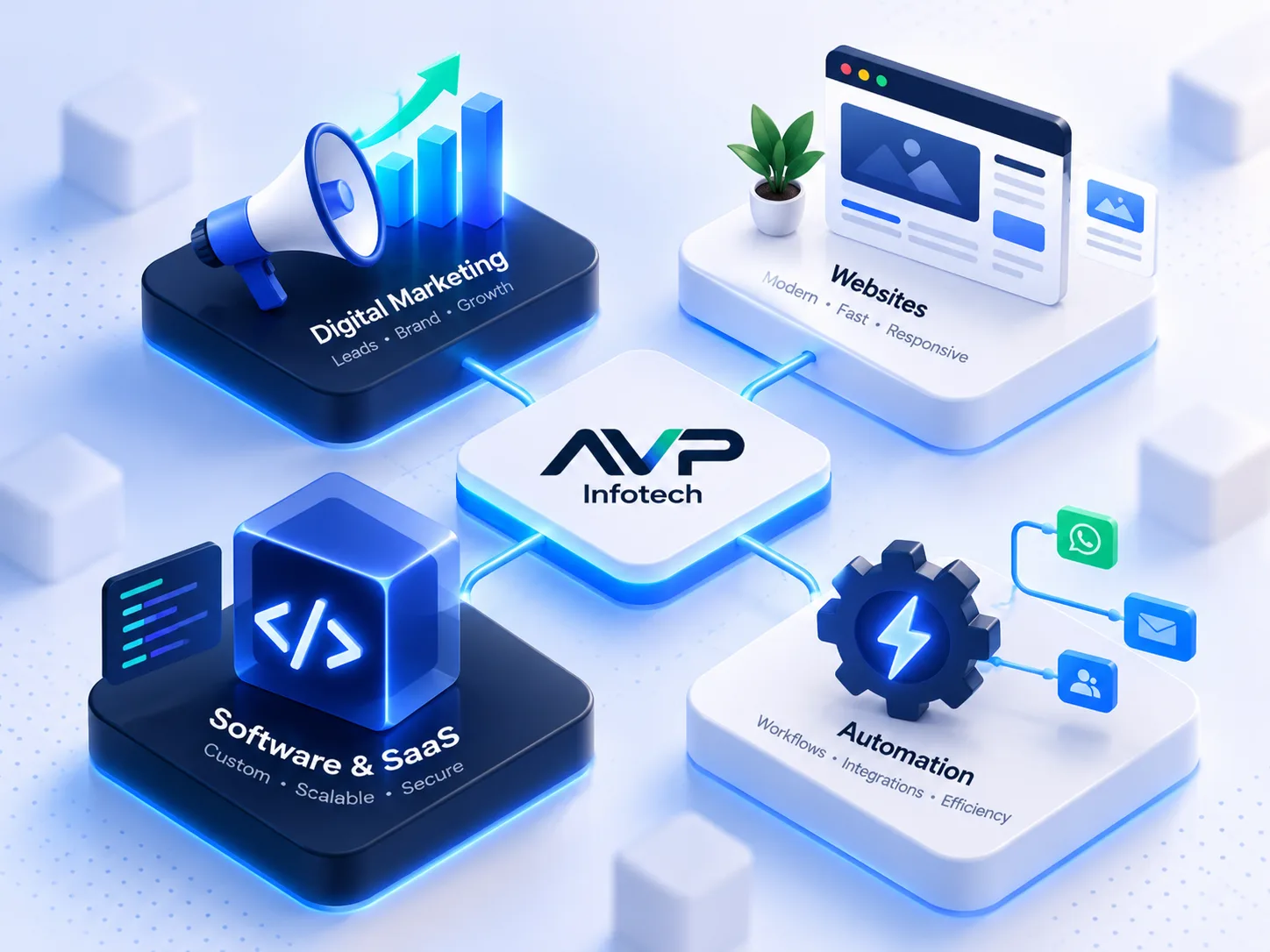 Illustration of four connected blocks for digital marketing, websites, software and automation